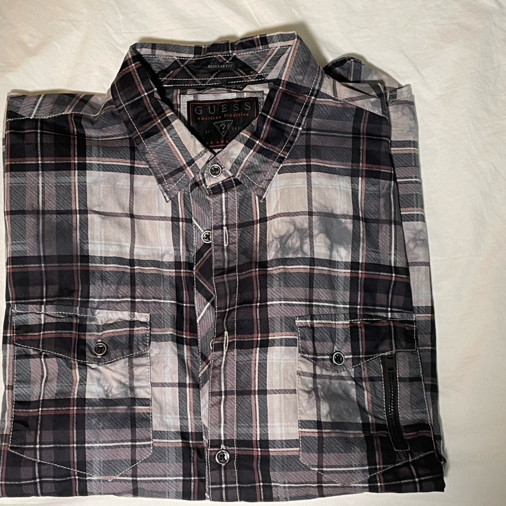 Mens XL Guess Black and Gray Plaid Shirt Excellent